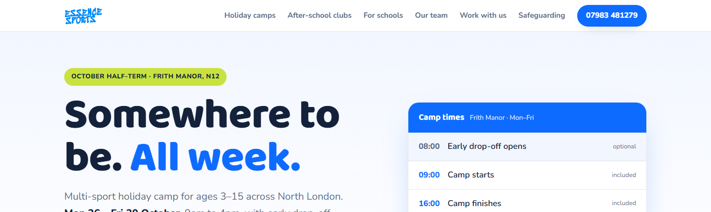 The Essence Sports homepage, showing the camp dates and times