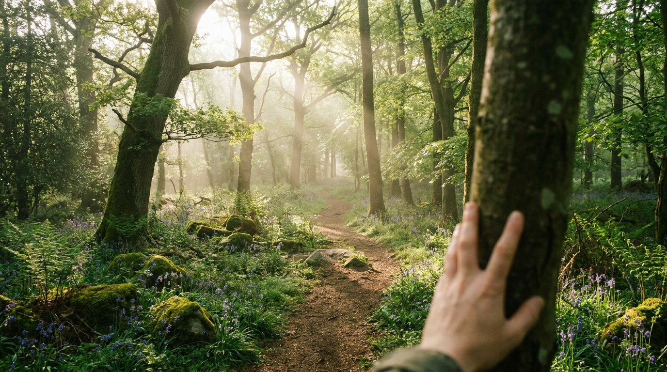 Entering a calm forest path at golden hour