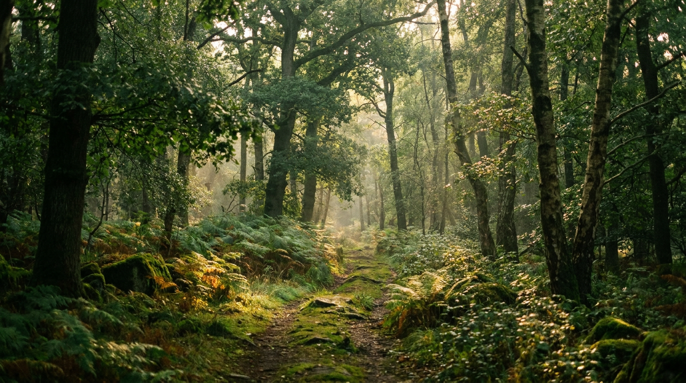 Walking deeper between tall sunlit trees